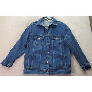 Topshop Moto Jacket Women Size 2 Blue Denim Cotton Pockets Collared Button Front